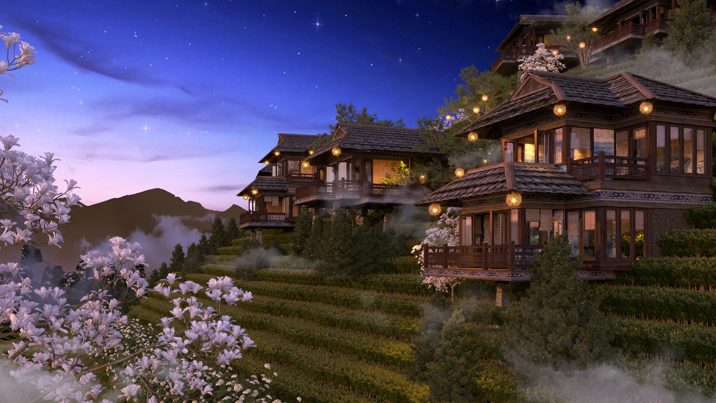 Evening resort view with traditional elements